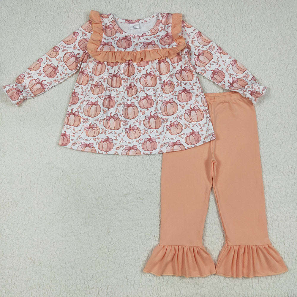 Sibling Baby Girls Fall Bow Pumpkins Rompers Outfits Clothes Sets