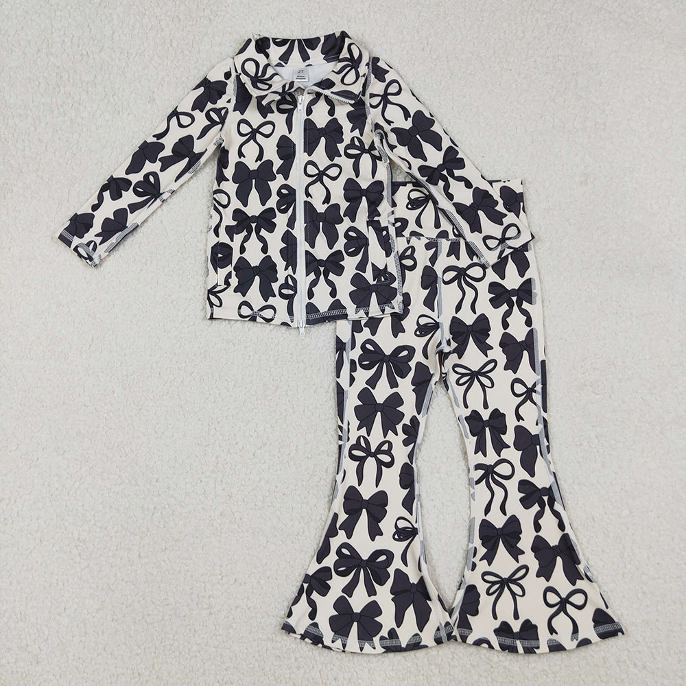Baby Girls Black Bows Pockets Zipper Top Bell Bottom Pant Yoga Sets