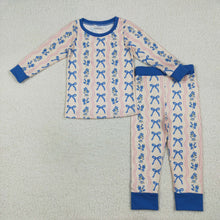 Load image into Gallery viewer, Sibling Baby Girls Blue Bows Flower Stripe Rompers Pajamas Sets
