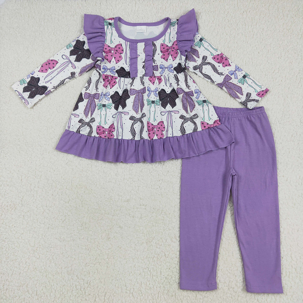 Sibling Baby Girls Purple Bows Pajamas Rompers Outfits Sets