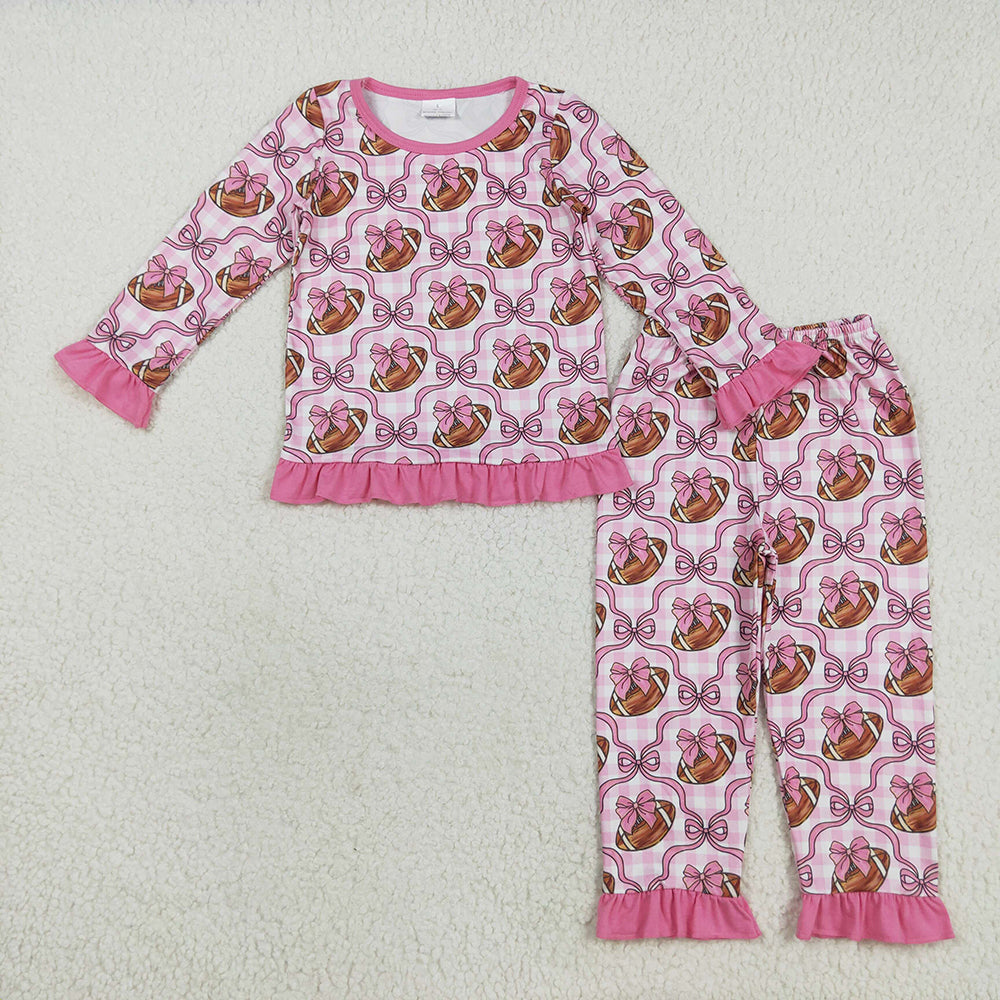 Baby Girls Pink Bows Footballs Top Pant Team Pajamas Set