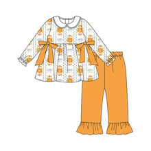 Load image into Gallery viewer, Baby Girls Yellow Pumpkins Bows Plaid Tunic Ruffle Pant Fall Set
