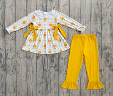 Load image into Gallery viewer, Baby Girls Yellow Pumpkins Bows Plaid Tunic Ruffle Pant Fall Set
