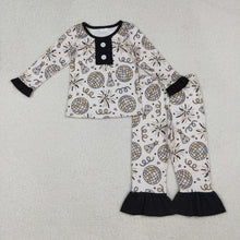 Load image into Gallery viewer, Baby Girls Happy New Year Button Top Ruffle Pant Pajamas Sets
