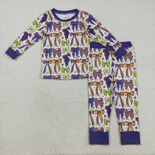 Load image into Gallery viewer, Sibling Baby Boys Purple Bows Stars Plaid Pajams Sets Zipper Footie Rompers
