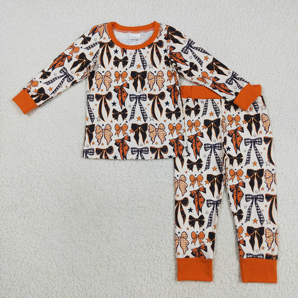 Sibling Baby Kids Orange Black Bows Stars Halloween Pajams Sets Zipper Footie Rompers