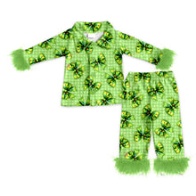 Load image into Gallery viewer, Baby Girls Fur Sleeve Green Bows Plaid Button Top Pant Christmas Pajamas Set
