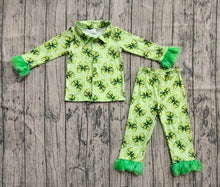 Load image into Gallery viewer, Baby Girls Fur Sleeve Green Bows Plaid Button Top Pant Christmas Pajamas Set
