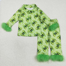 Load image into Gallery viewer, Baby Girls Fur Sleeve Green Bows Plaid Button Top Pant Christmas Pajamas Set
