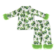 Load image into Gallery viewer, Baby Girls Fur Sleeves Green Bows Plaid Button Top Pant Christmas Pajamas Set
