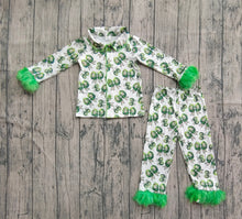 Load image into Gallery viewer, Baby Girls Fur Sleeves Green Bows Plaid Button Top Pant Christmas Pajamas Set
