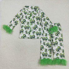 Load image into Gallery viewer, Baby Girls Fur Sleeves Green Bows Plaid Button Top Pant Christmas Pajamas Set
