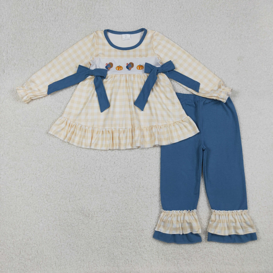 Embroidery Baby Girls Thanksgiving Turkey Pumpkins Bows Tunic Pants Sets