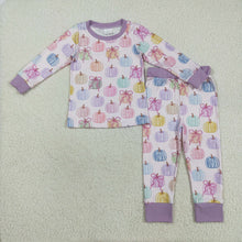 Load image into Gallery viewer, Sibling Baby Kids Colorful Bows Pumpkins Fall Pajams Sets Zipper Footie Rompers

