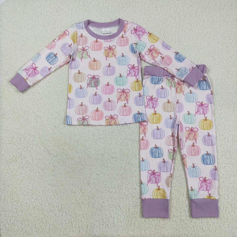 Sibling Baby Kids Colorful Bows Pumpkins Fall Pajams Sets Zipper Footie Rompers