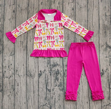 Load image into Gallery viewer, Baby Girls Long Ruffle Sleeves Pink Bows Stars Zipper Top Legging Pants Sets
