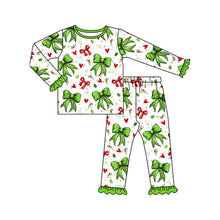 Load image into Gallery viewer, Baby Girls Christmas Green Red Bows Hearts Top Pant Pajamas Sets
