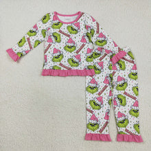 Load image into Gallery viewer, Baby Girls Green Face Stars Plaid Top Pant Christmas Pajamas Set Preorder

