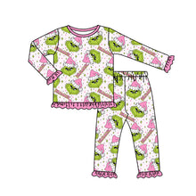 Load image into Gallery viewer, Baby Girls Green Face Stars Plaid Top Pant Christmas Pajamas Set Preorder
