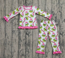 Load image into Gallery viewer, Baby Girls Green Face Stars Plaid Top Pant Christmas Pajamas Set Preorder

