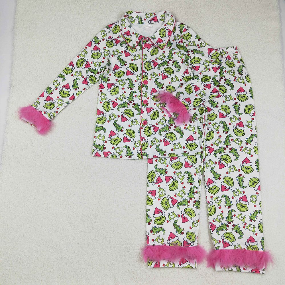 Adult Women Long Sleeves With Fur Green Face Button Top Pants Pajamas Sets