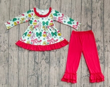 Load image into Gallery viewer, Baby Girls Christmas Bows Plaid Green Faces Tunic Ruffle Pants Sets
