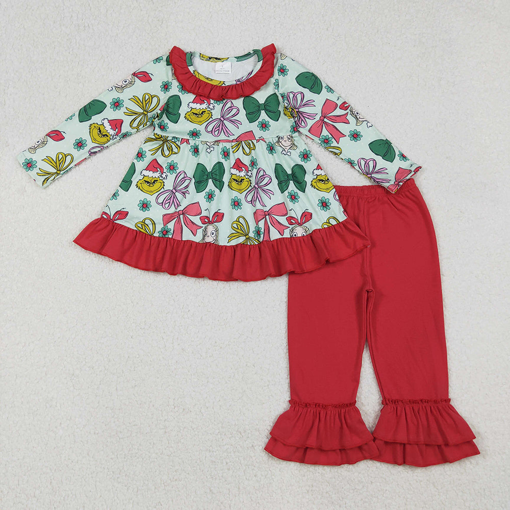 Baby Girls Christmas Bows Plaid Green Faces Tunic Ruffle Pants Sets