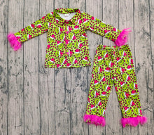 Load image into Gallery viewer, Baby Girls Christmas Green Face Leopard Button Top Pant Fur Pajamas Sets
