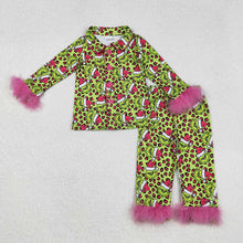 Load image into Gallery viewer, Baby Girls Christmas Green Face Leopard Button Top Pant Fur Pajamas Sets
