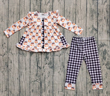 Load image into Gallery viewer, Baby Girls Button Pockets Pumpkins Tunic Black Plaid Pants Fall Sets
