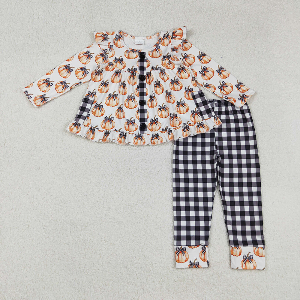 Baby Girls Button Pockets Pumpkins Tunic Black Plaid Pants Fall Sets