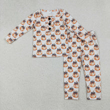 Load image into Gallery viewer, Baby Girls Bows Pumpkins Button Top Pants Fall Pajamas Sets
