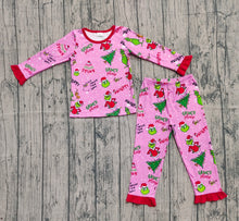 Load image into Gallery viewer, Baby Girls Christmas Trees Green Face Top Ruffle Pant Pajamas Set
