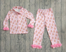 Load image into Gallery viewer, Adult Women Bows Gingerbread Button Top Pants Christmas Fur Pajamas Set
