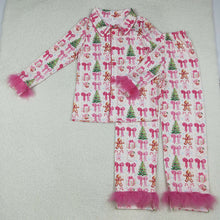 Load image into Gallery viewer, Adult Women Bows Gingerbread Trees Button Top Pants Christmas Fur Pajamas Sets
