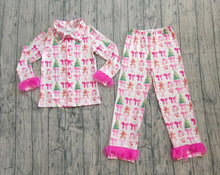 Load image into Gallery viewer, Adult Women Bows Gingerbread Trees Button Top Pants Christmas Fur Pajamas Sets
