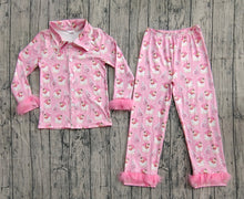 Load image into Gallery viewer, Adult Women Pink Santa Trees Button Top Pants Christmas Fur Pajamas Set
