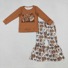Load image into Gallery viewer, Baby Girls Brown Game Day Footballs Top Bell Bottom Pant Team Clothes Set
