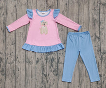 Load image into Gallery viewer, Embroidery Dog Baby Girls Pink Stripe Tunic Blue Leggings Clothes Set
