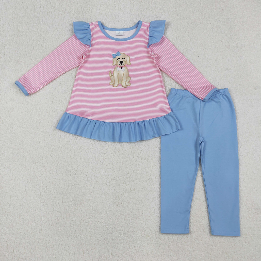 Embroidery Dog Baby Girls Pink Stripe Tunic Blue Leggings Clothes Set