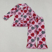 Load image into Gallery viewer, Baby Girls Pink Checked Hearts Button Top Pants Valentine Pajamas Sets
