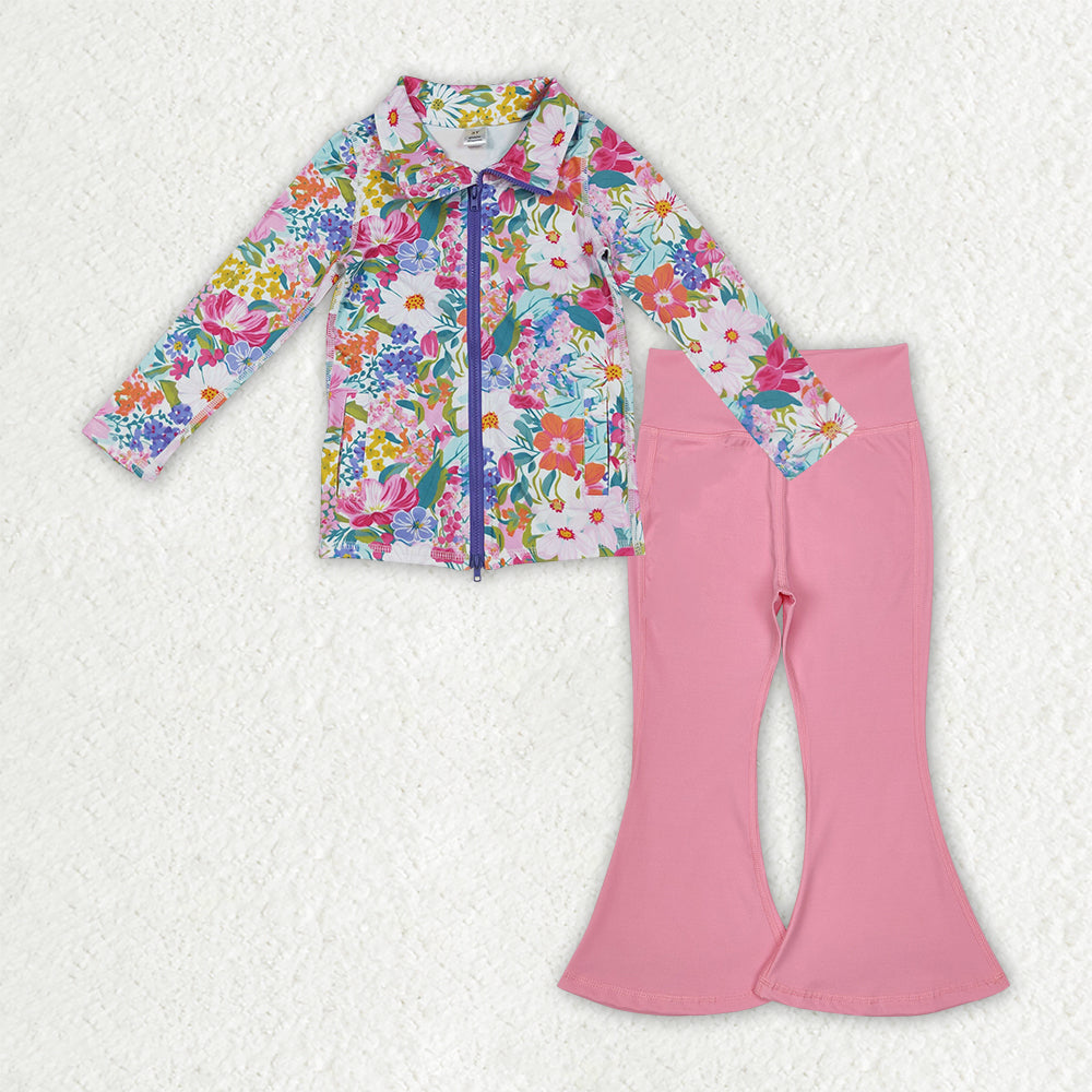 Baby Girls Floral Pockets Zipper Jackets Bell Bottom Pants Yoga Active Clothes Sets