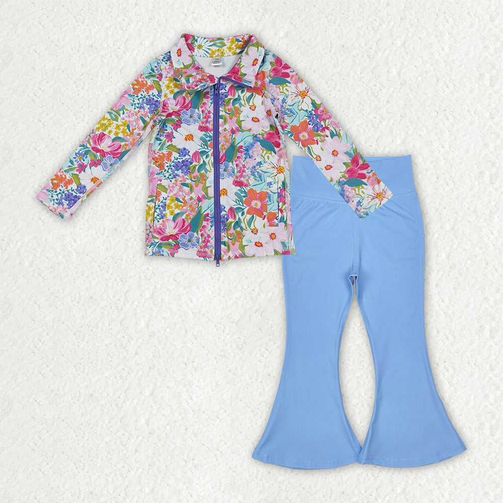 Baby Girls Floral Pockets Zipper Jackets Bell Bottom Pants Yoga Active Clothes Sets