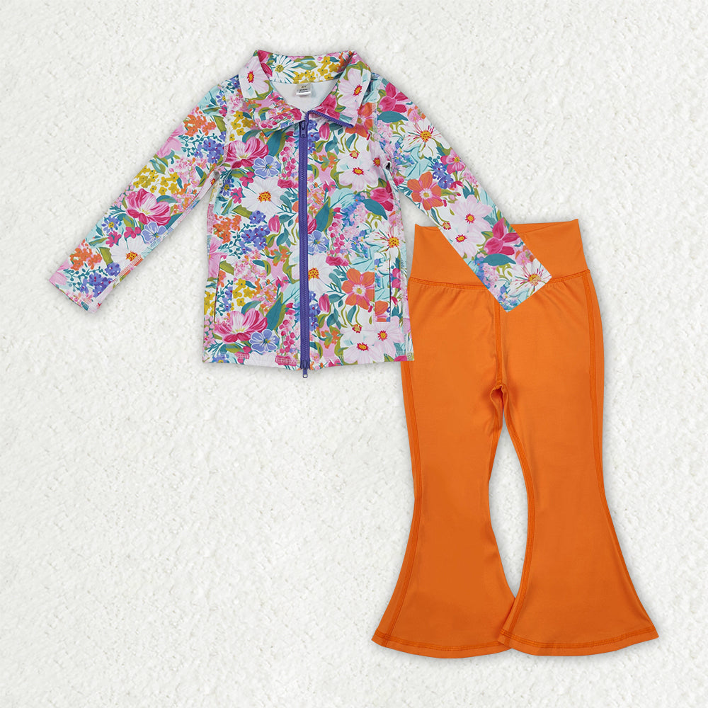 Baby Girls Floral Pockets Zipper Jackets Bell Bottom Pants Yoga Active Clothes Sets