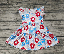 Load image into Gallery viewer, Baby Girls Blue Red Flowers Flutter Sleeve Knee Length Dresses
