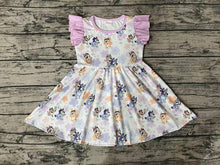 Load image into Gallery viewer, Baby Girls Blue Dogs Flowers Flutter Sleeve Knee Length Dresses
