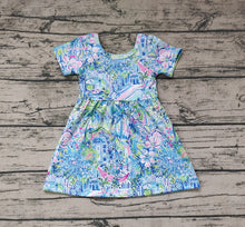 Load image into Gallery viewer, Baby Girls Blue Flowers Short Sleeve Knee Length Dresses

