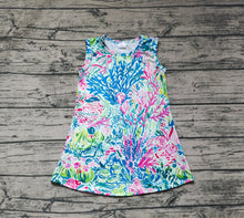 Load image into Gallery viewer, Baby Girls Blue Pink Leaves Flowers Sleeveless Knee Length Dresses
