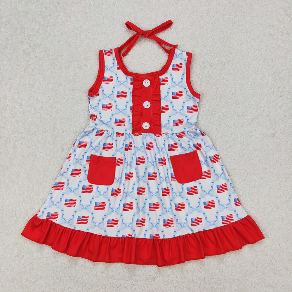 Baby Girls 4th of July Flag Bows Pockets Knee Length Dresses