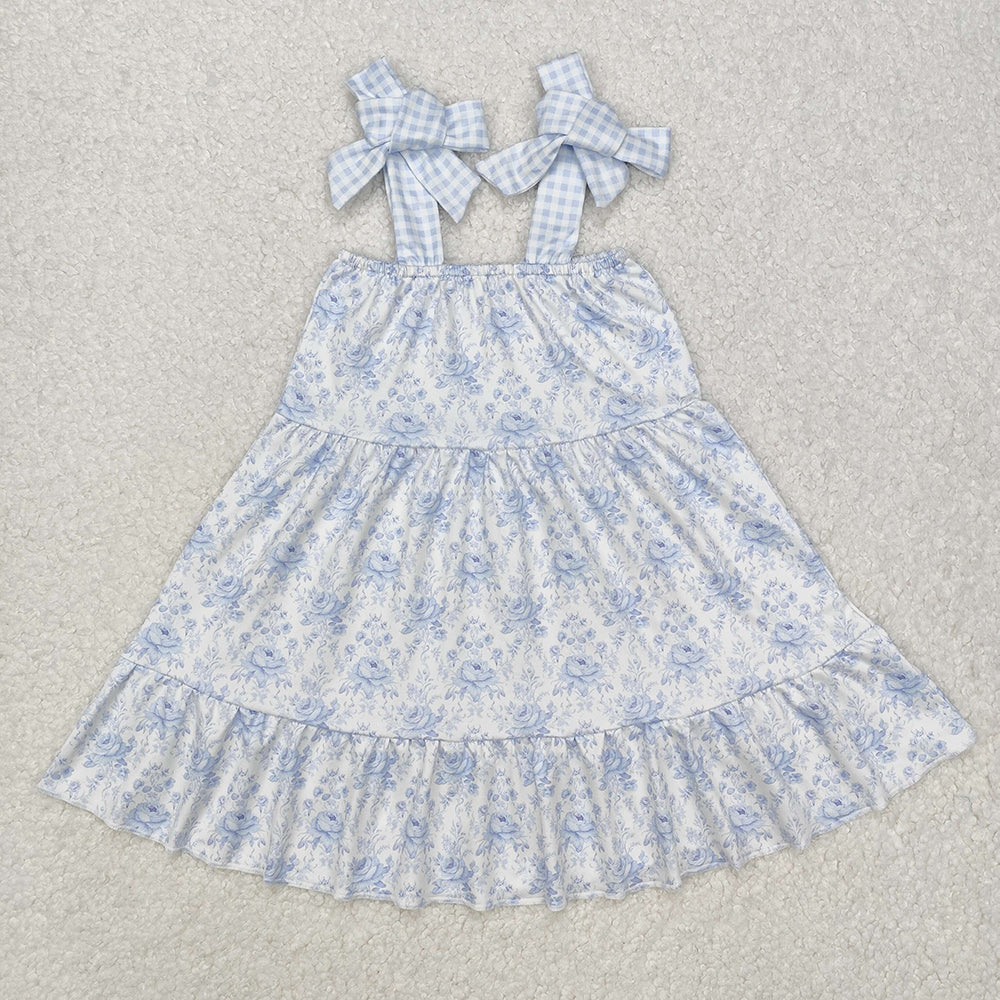 Baby Girls Blue Flowers Straps Knee Length Dresses